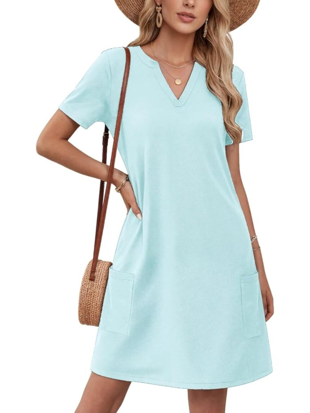 Women's Light Blue Resort Short Sleeve Casual Fashion Beach Dresses with Pockets